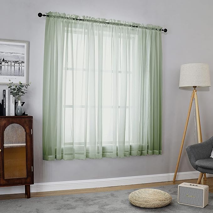 Chyhomenyc Sage Green Sheer Curtains 63 Inch Length 2 Panels, Light Filtering Airy Breathable Rod Pocket Voile Window Drapes for Bedroom Living Room, Each 42x63 Inch，Set of 2