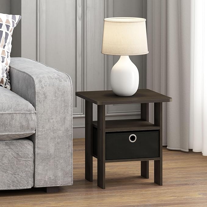 Furinno Andrey Set of 2 End Table / Side Table / Night Stand / Bedside Table with Bin Drawer, Dark Brown/Black