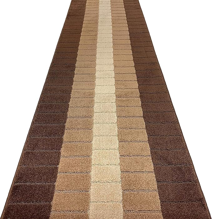 Custom Size Modern Geometric Pattern Carpet Runner Rug for Hallways, Slip Resistant Latex Rubber Backed, 31 inch Wide X Customized Length, Squares Brown, 31 inch X 6 feet