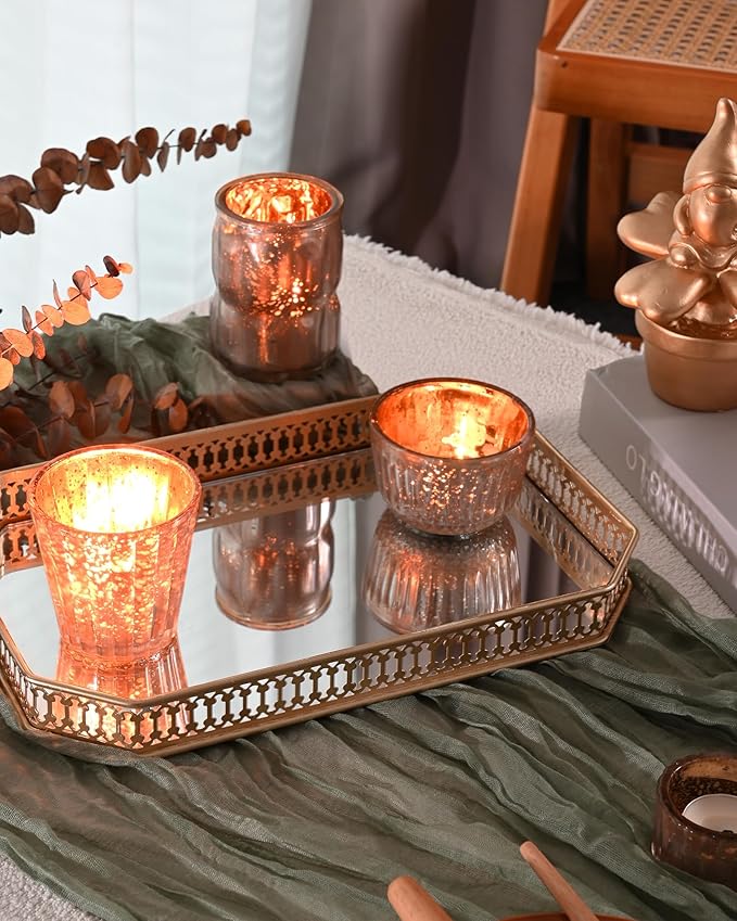 DN DECONATION 8PCS Gold Mercury Glass Candle Holder, Assorted Mercury Glass Votive Candle Holders, Vintage Tea Light Candle Holder for Wedding, Parties, Centerpieces, Decorations
