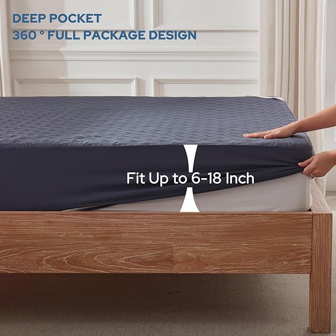 BEDLORE Waterproof Mattress Protector, Queen Size Noiseless Mattress Pad with Deep Pocket 6"-18" Depth, Soft Breathable Bed Mattress Cover Washable for Home, Bedroom, Hotel (Navy Blue)
