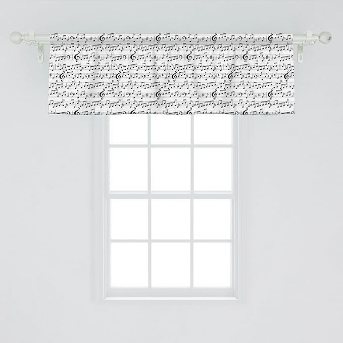 Ambesonne Music Window Valance Pack of 2, Abstract Style Professional Pattern Notes and Clef Sheet Play Writing Print, Rod Pocket Curtain Valances for Kitchen Bedroom, 42" X 18", Black White