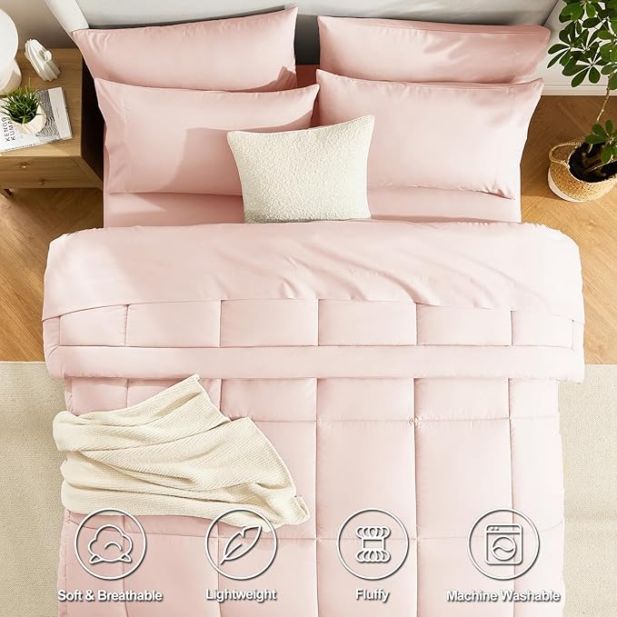 CozyLux Queen Comforter Set Blush Pink, 7 Pieces Bed in a Bag, Pink Comforter Queen Size, All Season Bedding Sets with Stitch Quilted Comforter, Flat Sheet, Fitted Sheet, Pillowcases