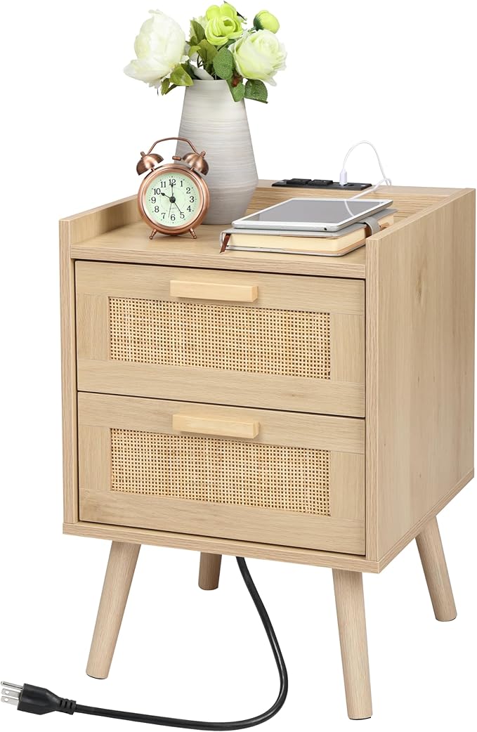 Finnhomy Nightstand with Charging Station, Bedside Table with 2 Hand Made Rattan Decorated Drawers, Night Stand with Storage for Bedroom, Natural