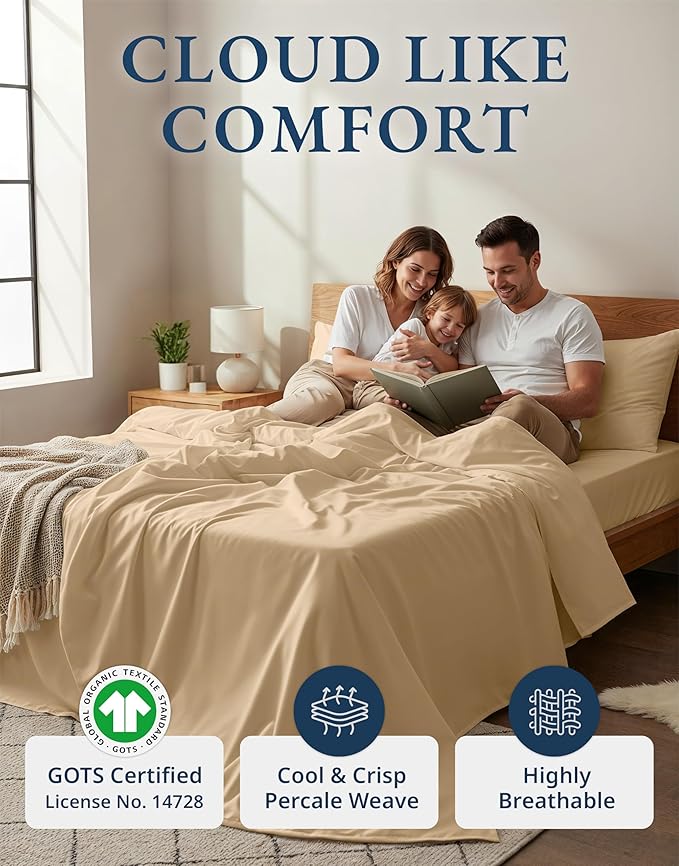 LANE LINEN 100% Organic Cotton Fully Elasticized California King Sheet Set, Low Pilling Fade Resistant Machine Washable Naturally Cooling Cal King Bedding Set, Soft & Comfy Cotton Sheets – Linen