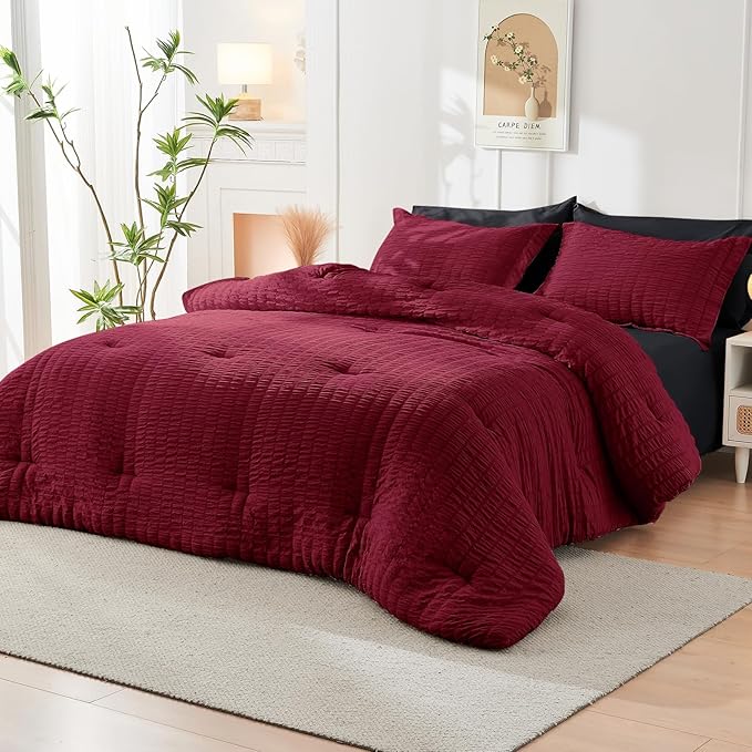 HYMOKEGE Red & Black King Size Comforter Set Seersucker 7 Pieces, All Season Luxury Bed in a Bag for Bedroom, Bedding Set with Comforters, Sheets, Pillowcases & Shams