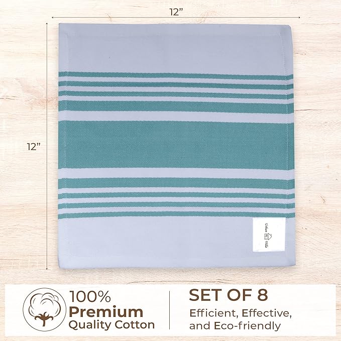 Urban Villa Cotton Dish Cloth Set of 8, Highly Absorbent Super Soft Quick Drying 12x12 Inch Dish Cloths for Kitchen Cleaning & Drying Dishes Mitered Corner Trendy Stripes Kitchen Towels - Aqua/White