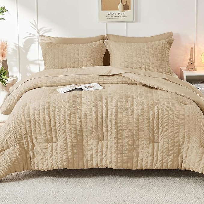 HYMOKEGE Khaki King Size Comforter Set Seersucker 7 Pieces, All Season Luxury Bed in a Bag for Bedroom, Bedding Set with Comforter, Sheets, Pillowcases & Shams