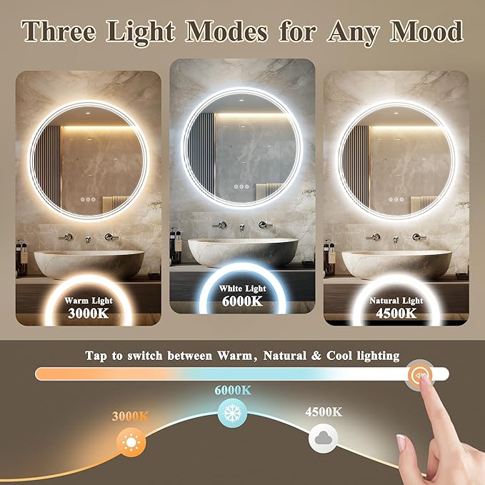 36''x36'' Lighted Mirrors for Bathroom Wall Backlit + Front Lit, Round LED Bathroom Mirror Frameless with Lights Anti Fog, Dimmable, 3 Colors,Tempered Glass, Shatter-Proof