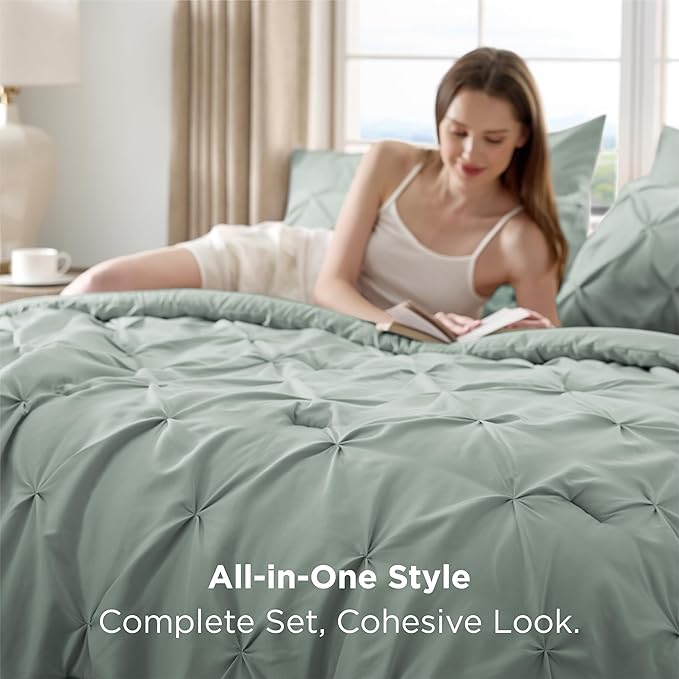 Bedsure King Size Comforter Set Sage Green - Bed in a Bag Bedding Set 7 Pieces, GentleSoft™ Pintuck Bed Set Gift for Family, Pinch Pleat Sage Green Comforter with Sheets, Pillowcases & Shams