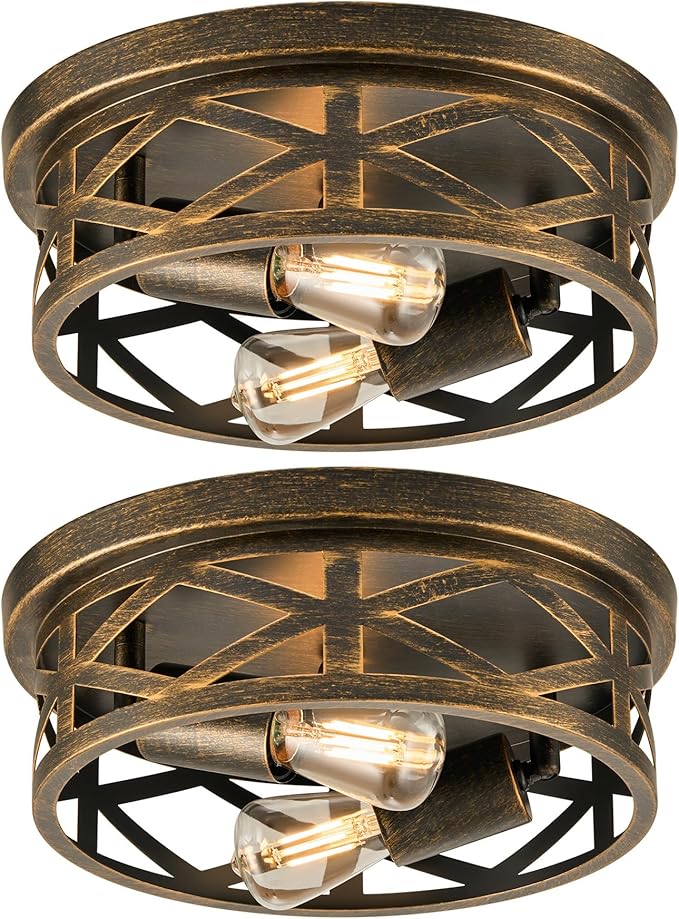 VONLUCE Flush Mount Ceiling Lights, 2-Light Hallway Ceiling Lighting Fixtures, 11 inch Farmhouse Metal Cage Ceiling Lights for Entryway Kitchen, Adjustable Lamp Holders, ETL, 2 pcs, Oil-Rubbed Bronze