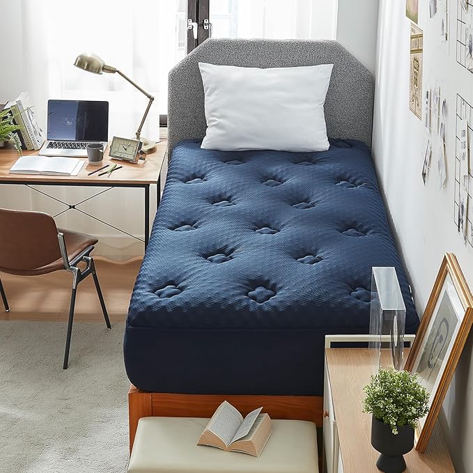 Hansleep Twin Mattress Topper Viscose Derived from Bamboo, Memory Foam Pillow Top Mattress Topper Twin with Deep Pocket, Breathable Mattress Pad for Back Pain Relief, 39" x 75", Navy Blue
