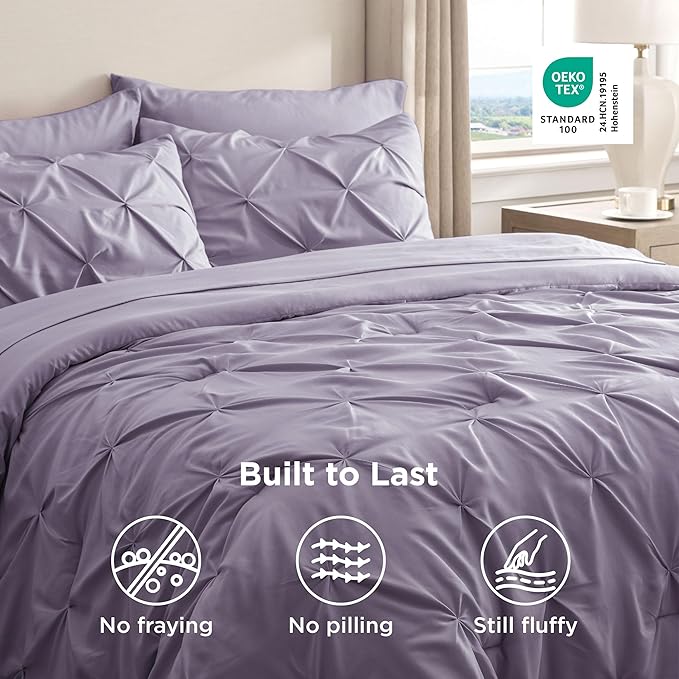 Bedsure Queen Comforter Set - Bed in a Bag Queen Size Bedding 7 Pieces, GentleSoft™ Pintuck Bed Set Gift for Family, Pinch Pleat Grayish Purple Comforter with Sheets, Pillowcases & Shams