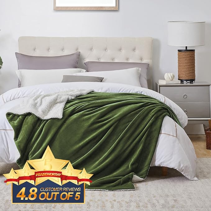 Walensee Sherpa Fleece Blanket (Throw Size 50”x60” Olive Green) Plush Throw Fuzzy Super Soft Reversible Microfiber Flannel Blankets for Couch, Bed, Sofa Ultra Luxurious Warm and Cozy for All Seasons