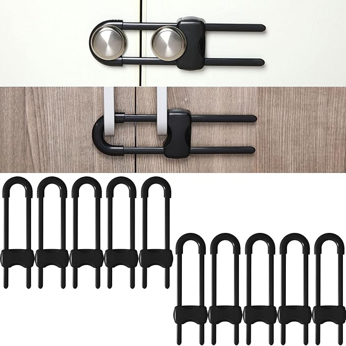 Jetec 10 Pieces Cabinet Locks for Babies, U-Shaped Proofing Drawers Safety Child Locks Adjustable, Easy to Use Childproof Latch for Knob Handle on Kitchen Door Storage Cupboard Closet (Black)