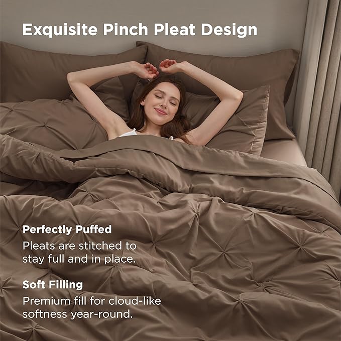 Bedsure King Size Comforter Set Brown - Bed in a Bag Bedding Set 7 Pieces, GentleSoft™ Pintuck Bed Set Gift for Family, Pinch Pleat Brown Comforter with Sheets, Pillowcases & Shams