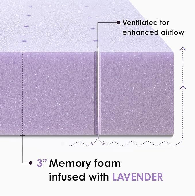 Mellow 3 Inch Ventilated Memory Foam Mattress Topper, Soothing Lavender Infusion, King