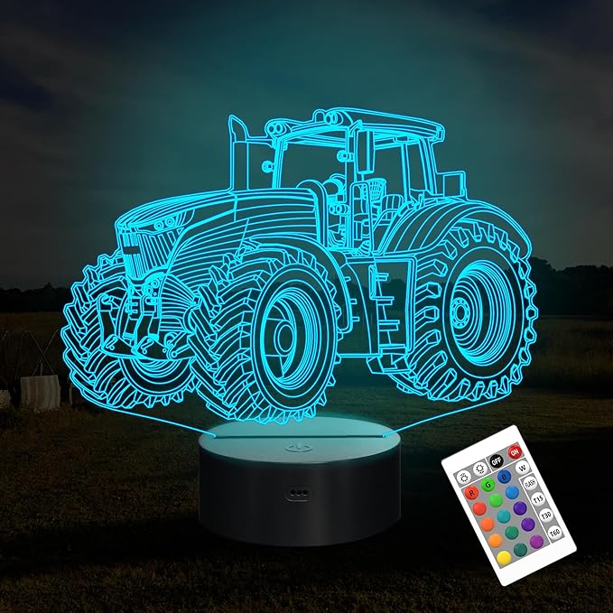 Attivolife Tractor 3D Illusion Night Lamp, 16 Color Changing Dimmable Hologram Lighting, Timer Toy USB Charge Table Desk Bedroom Decoration Creative Gift for Kid Boy with Remote Control