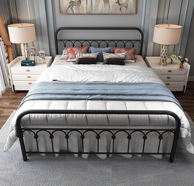 YALAXON Vintage Sturdy Queen Size Metal Bed Frame Basic with Headboard and Footboard,No Box Spring Needed,Under Bed Storage (Queen,Black)