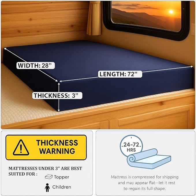 Foamma 3” x 28” x 72” Water Resistant Gel Memory Foam RV Bunk Mattress, Firm High Density Foam Base, Comfortable and Durable Polyester Cover, Truck, Camper, Travel Trailer, Made in USA