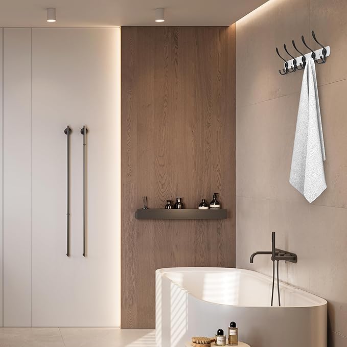 Coat Rack Wall Mount with 5 Tri Hooks, Stainless Steel 16 Inch – White & Black Matte Finish, Heavy Duty Wall Mounted Hook Rack for Coats, Hats, Towels, Scarves, Robes, Bags, Entryway & Bathroom