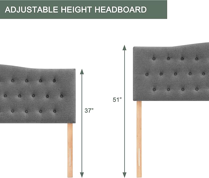 Tufted Upholstered Headboard Twin Size, Sturdy and Durable Solid Wood Twin XL headboard, Fabric Headboard Adjustable Height from 37” to 51”, Modern Button Diamond Design Head Board, Grey