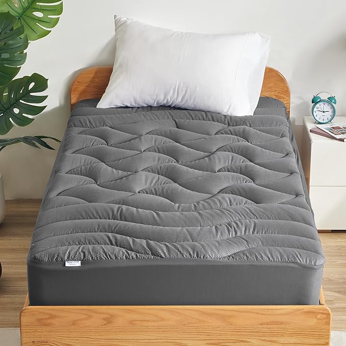 SLEEP ZONE Twin XL Cooling Mattress Topper for College Dorm, Premium Zoned Cool Mattress Pad Cover, Padded Mattress Protector Breathable Washable, Deep Pocket 8-21" (Grey, Twin XL)