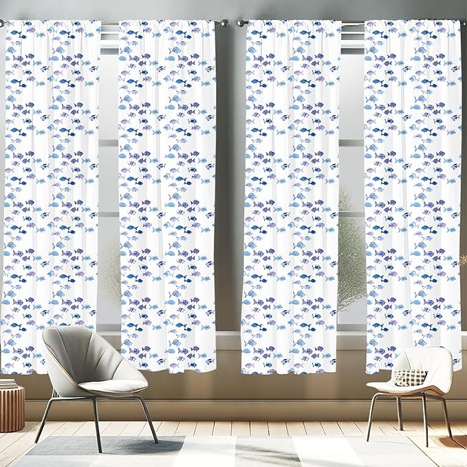 Ambesonne Animal Window Curtains Pack of 2, Little Fishes Watercolors Ocean Underwater Life Marine Theme Art, Lightweight Set with Rod Pocket, 4 Panels of - 28" x 84", Blue