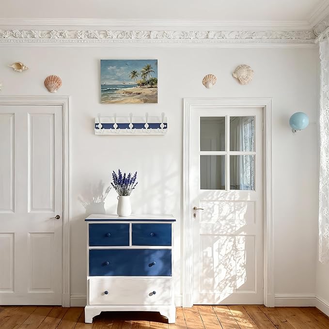 SKOLOO Coastal Wall Mounted Coat Rack - 17" Beach House Entryway Wooden Coat Hook with 5 Hooks for Hanging Coats, Hats or Towels, Oceanfront Cottage Core Collection, White & Blue, Pack of 2