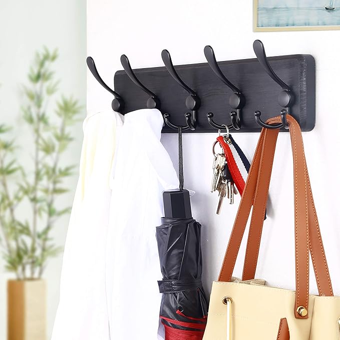 WEBI Coat Rack Wall Mount,Coat Hooks Wall Mounted Rustic,16" Hole to Hole,Large Coat Hanger Wall,Wood Hook Rack,5 Triple Hooks for Hanging Coats,Jacket,Clothes,Black