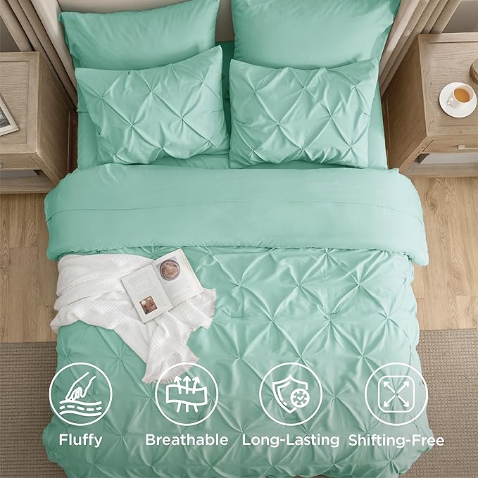 Bedsure Twin Comforter Set Mint Green - Bed in a Bag Twin Size Bedding 5 Pieces, GentleSoft™ Pintuck Bed Set Gift for Family, Pinch Pleat Mint Green Comforter with Sheets, Pillowcase & Sham