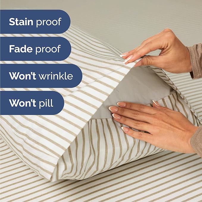 Cal King 6 Piece Sheet Set - Comfy Breathable & Cooling - Soft Hotel Luxury Bedding Set w/ 8-16 Inch Deep Pockets - 1 Flat & 1 Fitted Sheet & 4 Pillowcases - Wrinkle Free & Easy Care - Beige Stripes 2