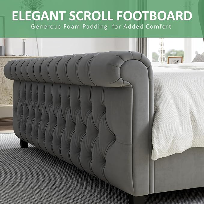 AMERLIFE Queen Size Platform Bed Frame, Velvet Upholstered Sleigh Bed with Scroll Wingback Headboard & Footboard/Button Tufted/No Box Spring Required/Grey