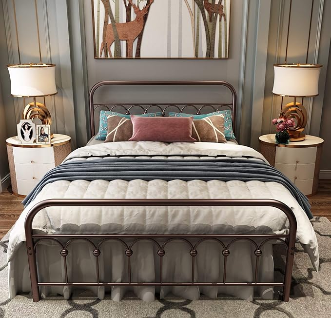 TUSEER Metal Bed Frame Full Size with Vintage Headboard and Footboard Platform Base Wrought Iron Double Bed Frame (Antique Brown,Full).