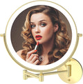 Rechargeable Wall Mounted Lighted Makeup Vanity Mirror 9 Inch Double Sided 1X 10X Magnifying Bathroom Mirror, 3 Color Lighting, Touch Screen Dimming, 360 Rotation Shaving Mirror Gold