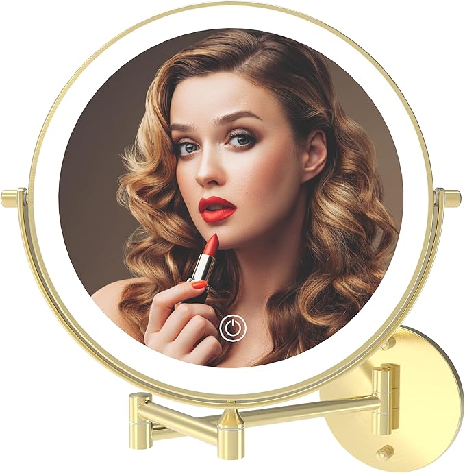 Rechargeable Wall Mounted Lighted Makeup Vanity Mirror 9 Inch Double Sided 1X 10X Magnifying Bathroom Mirror, 3 Color Lighting, Touch Screen Dimming, 360 Rotation Shaving Mirror Gold