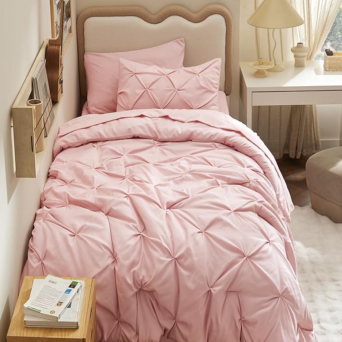 Bedsure Twin XL Comforter Set - Extra Long 5 Pieces Dorm Bedding Sets, Pinch Pleat Pink Bed in a Bag with Comforter, Sheets, Pillowcase & Sham