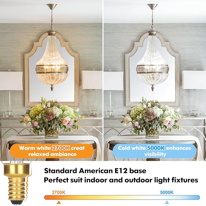Dimmable E12 Candelabra LED Light Bulbs 40W Equivalent, 2700K Soft Warm White Chandelier Light Bulbs, 4W 460 LM Flame Tip Candle Light Bulbs, 12-Pack
