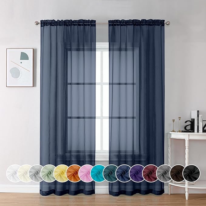 Chyhomenyc Navy Blue Sheer Curtains 84 Inches Long 2 Panels Set - Light Filtering Curtains for Living Room, Soft Breathable Voile Rod Pocket Bedroom Window Drapes, 42Wx84L Inch, 2PCS