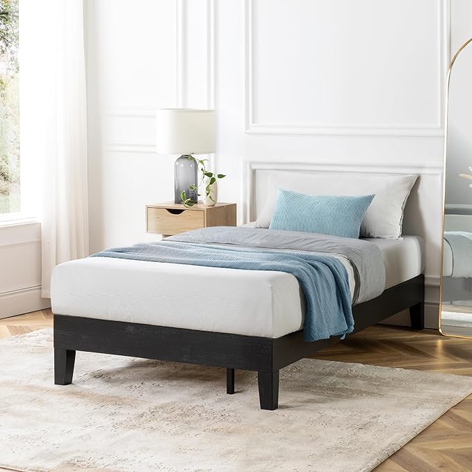Mellow Naturalista Grand 12 Inch Solid Wood Platform Bed with Wooden Slats, Easy Assembly, Twin, Black