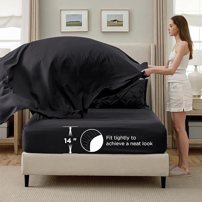 Bedsure King Size Comforter Set Black - Bed in a Bag Bedding Set 7 Pieces, GentleSoft™ Pintuck Bed Set Gift for Family, Pinch Pleat Black Comforter with Sheets, Pillowcases & Shams