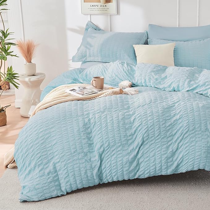 HYMOKEGE Lake Blue King Size Comforter Set Seersucker 7 Pieces, All Season Luxury Bed in a Bag for Bedroom, Bedding Set with Comforters, Sheets, Pillowcases & Shams