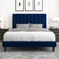 Allewie Full Platform Bed Frame/Velvet Upholstered Bed Frame with Vertical Channel Tufted Headboard/Strong Wooden Slats/Mattress Foundation/Box Spring Optional/Easy Assembly/Navy Blue