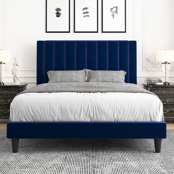 Allewie Full Platform Bed Frame/Velvet Upholstered Bed Frame with Vertical Channel Tufted Headboard/Strong Wooden Slats/Mattress Foundation/Box Spring Optional/Easy Assembly/Navy Blue