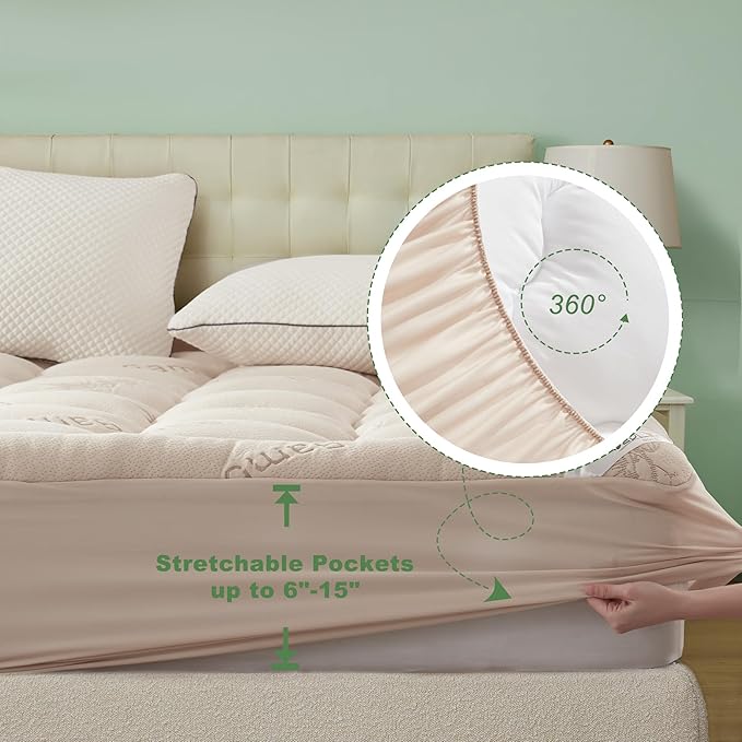 BEDLORE Twin XL Mattress Topper Viscose Derived from Bamboo, Thick Pillow Top Mattress Pad with Deep Pockets for 6-15 inches Mattress, Soft Mattress Topper College Dorm Size for Back Pain(Beige)