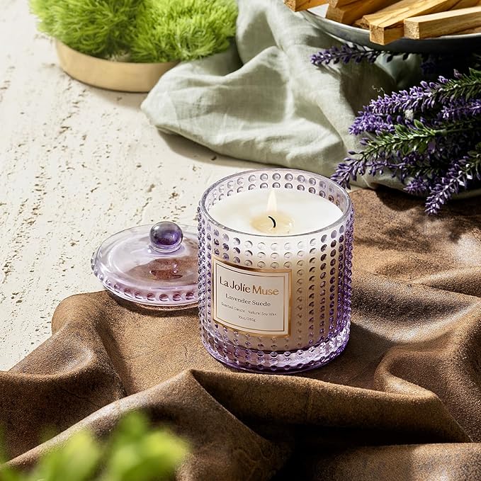 LA JOLIE MUSE Lavender Suede Candle - Lavender, Eucalyptus, Sandalwood | 10 oz Natural Soy Wax | 55 Hours Clean Burn | Aromatherapy Candle | Perfect for Relaxation, Self-Care and Meditation