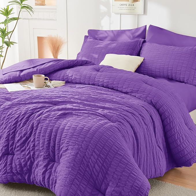 HYMOKEGE Dark Purple Twin XL Comforter Set Seersucker 5 Pieces, All Season Luxury Bed in a Bag for Bedroom, Bedding Set with Comforter, Sheets, Pillowcase & Sham
