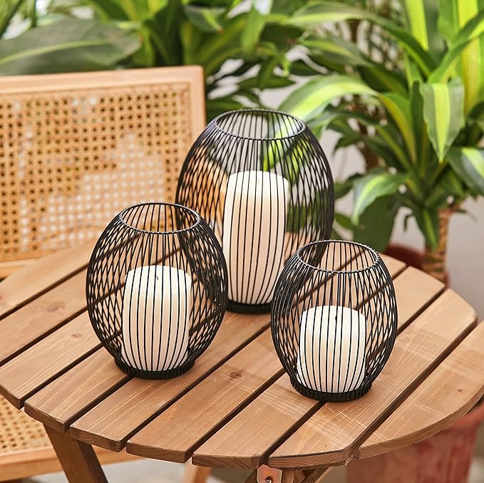 OLEEK Small Outdoor Candle Holders for Patio - Pillar Candle Holder - Black Wire Candle Holder for Table Centerpiece - Iron Lantern Decorative Candles - Farmhouse Decor Fireplace Metal Candle Holders