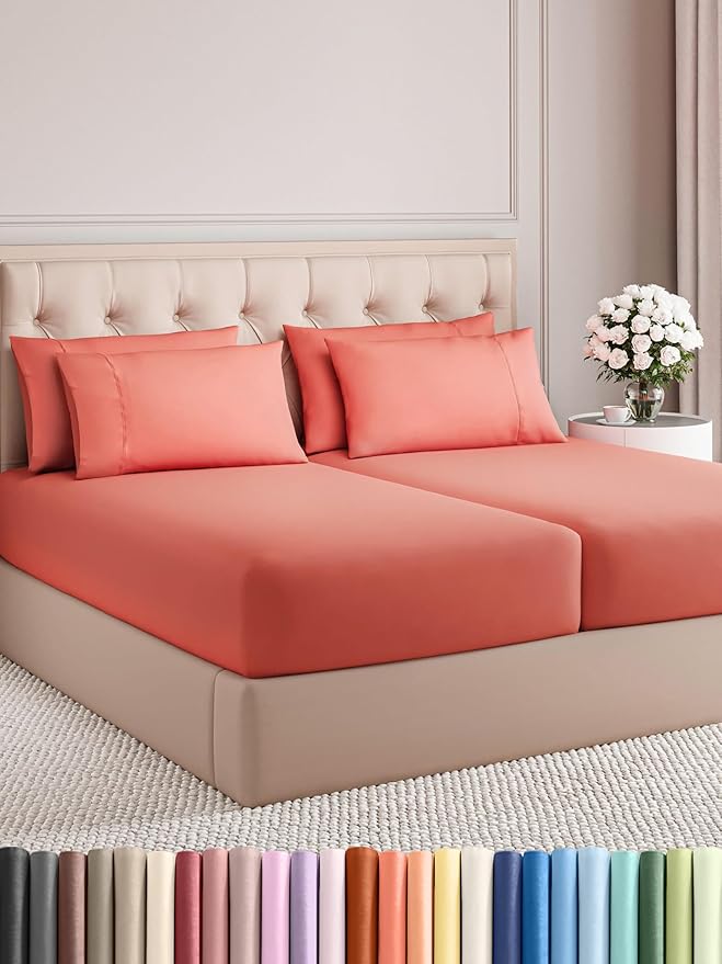Split King 7 Piece Sheet Set - Cooling & Breathable Bed Sheets - Hotel Luxury Bed Sheets for Women, Men, Kids & Teens - Deep Pocket Bedding w/ Easy Fit - Soft & Wrinkle Free - Split King Coral Sheets