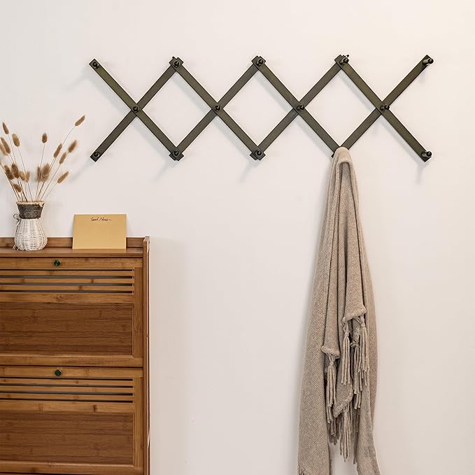 SKOLOO Hat Rack for Wall with 14 Hooks, Solid Wooden, Modern, Expandable Coat Rack Wall Mount for Coats, Hats, Bags, Baseball Caps, Dark Walnut Color